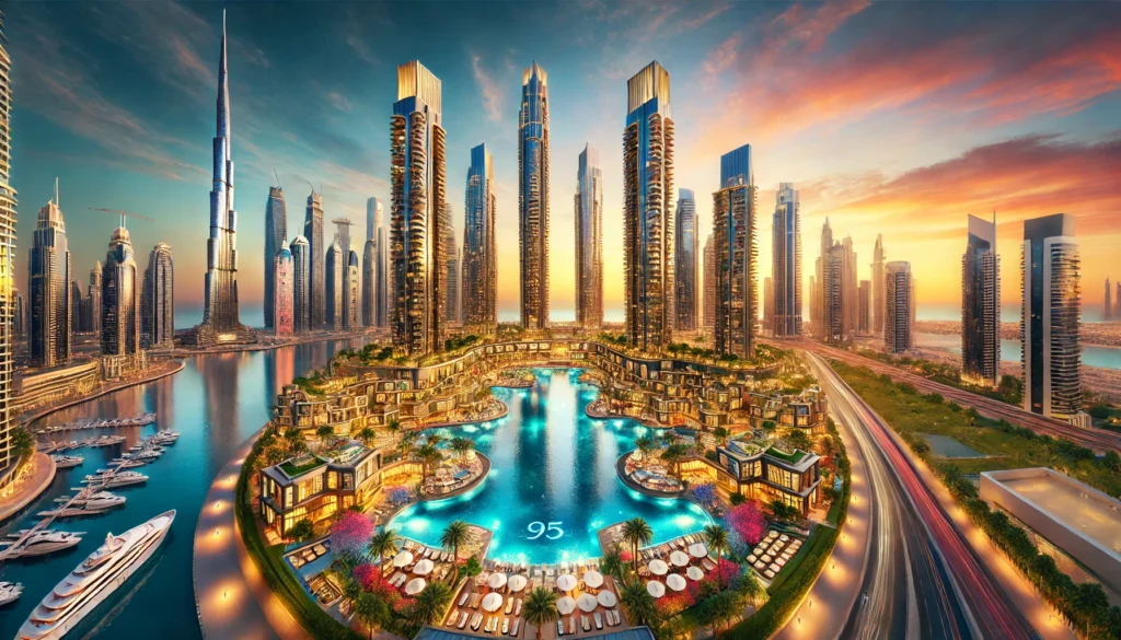 Colorful infographic illustrating features, completion timeline, and investment opportunities in Sankari Properties' Business Bay development