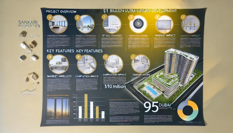 Visual representation of data and statistics about Sankari Properties' new luxury project with a gradient design and 95dubai.com branding