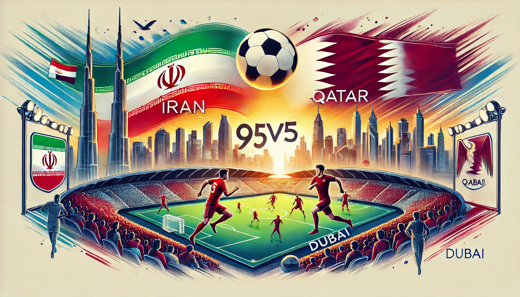 Vibrant Illustration of Iran vs Qatar AFC Football Match in Dubai with 95dubai.com Branding