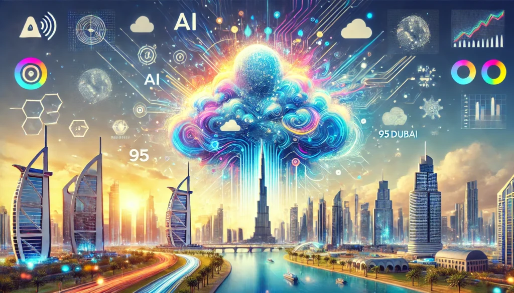 AI Adoption for Weather Risk Prediction in UAE - Futuristic Tech Visual with 95dubai.com Branding