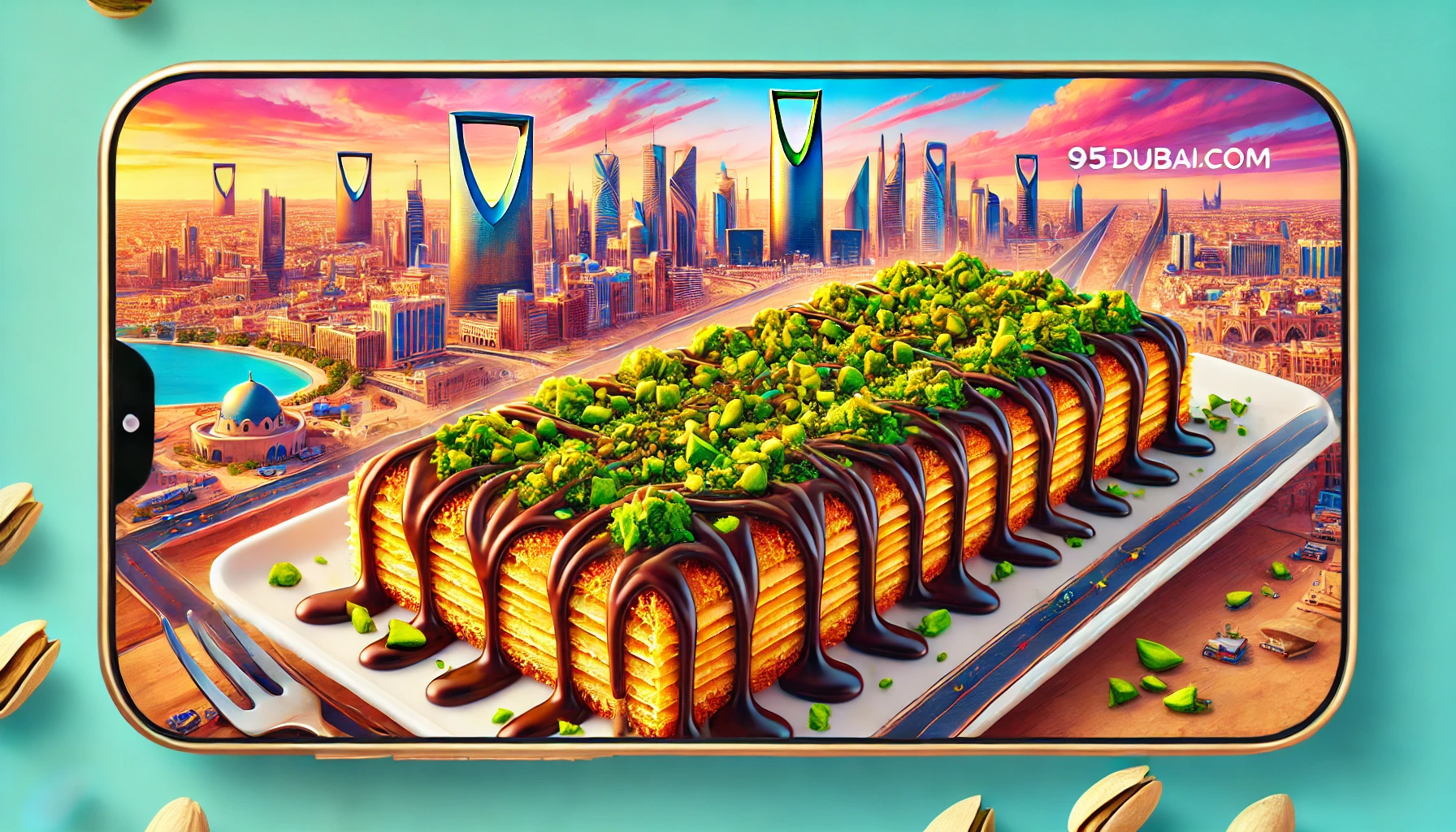 Vibrant Pistachio Kunafa Chocolate Bar with Riyadh Skyline - 95dubai.com