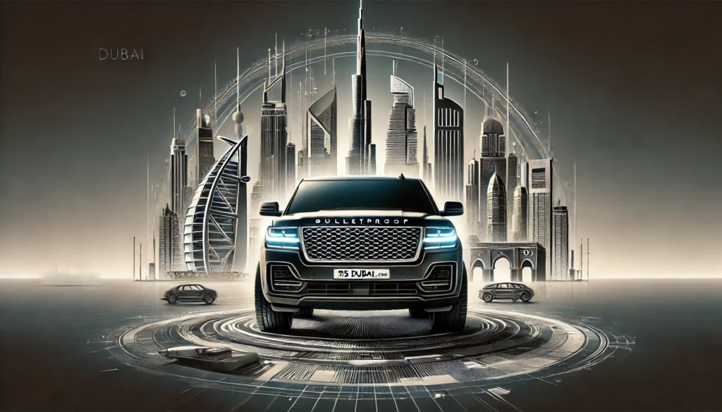 Luxury Bulletproof SUV in Dubai Cityscape – Security and Prestige