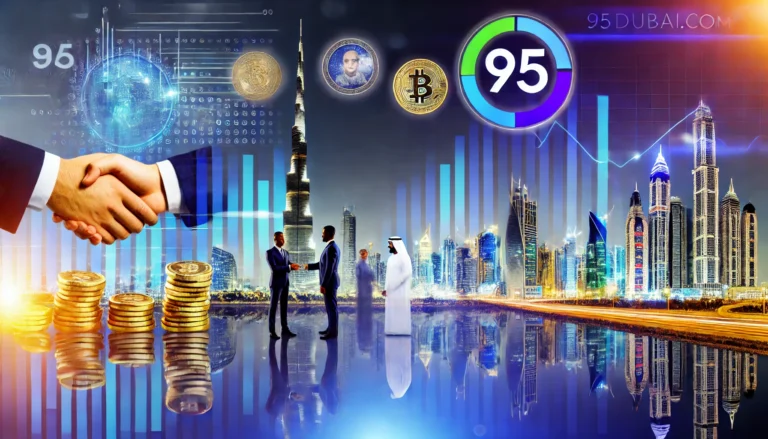 UAE Financial Growth and Stability - Futuristic Skyline with Finance Symbols - 95dubai.com Branding