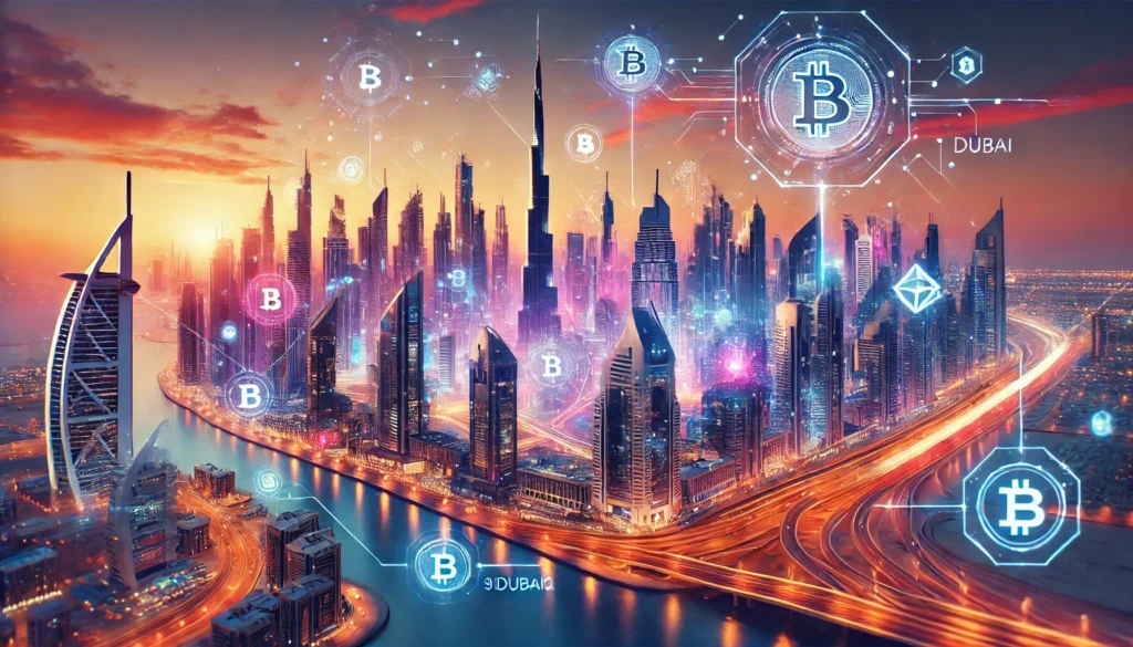 Dubai Blockchain Crypto Hub at Sunset - Featuring 95dubai.com Branding