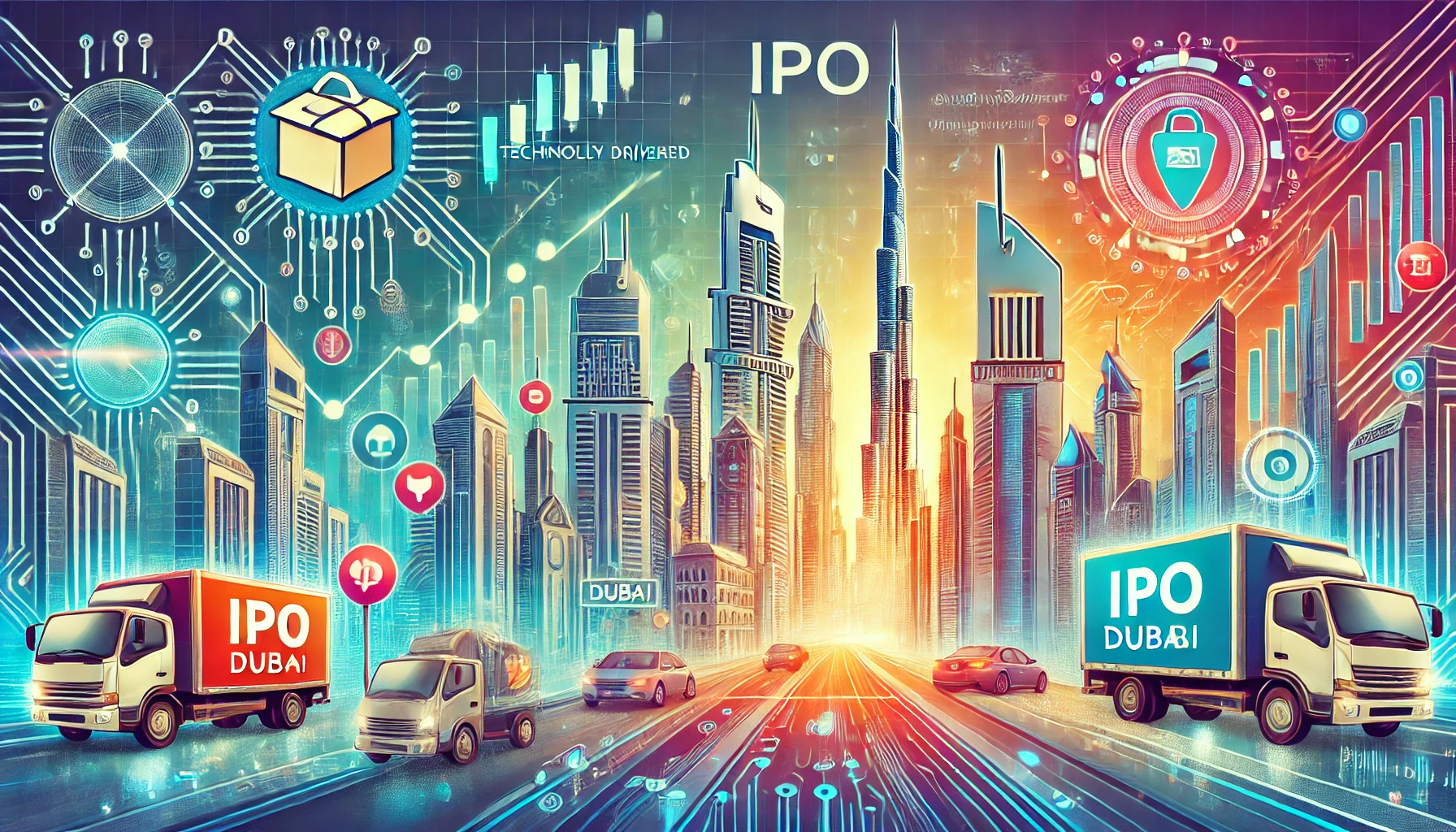 Technology-Driven IPO in Dubai - Vibrant Illustration Highlighting Financial Growth with 95dubai.com