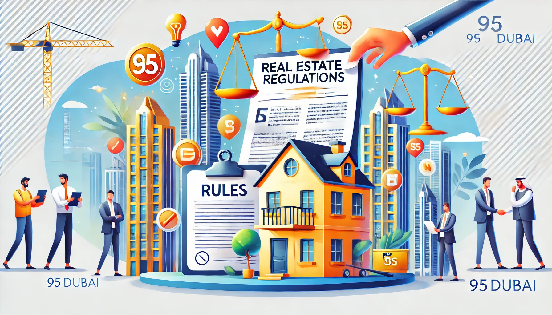 Dubai Rental Regulations Illustration - Landlord, Tenant, Apartment with Legal Symbols - 95dubai.com