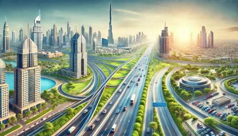 Dubai Road Expansion Illustration: Modern Infrastructure and Smooth Traffic Flow with Burj Khalifa - 95dubai.com